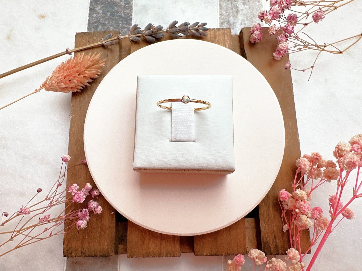 Tiny Rainbow Bello Opal Gold Stacking Ring