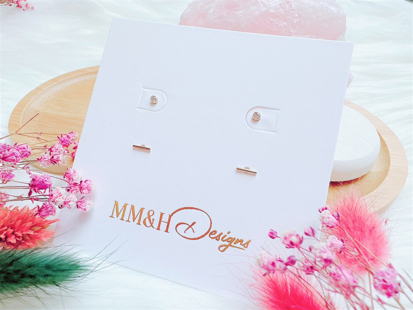 Tiny Stud Earrings Set: Cubic Zirconia & Bar