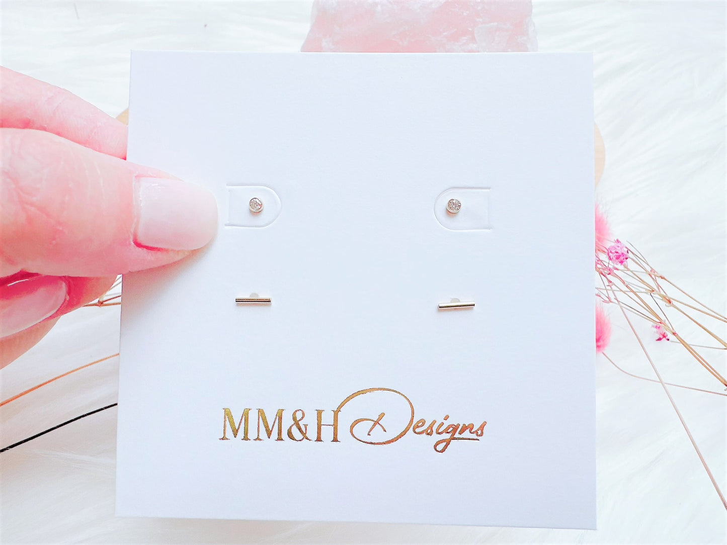 Tiny Stud Earrings Set: Cubic Zirconia & Bar