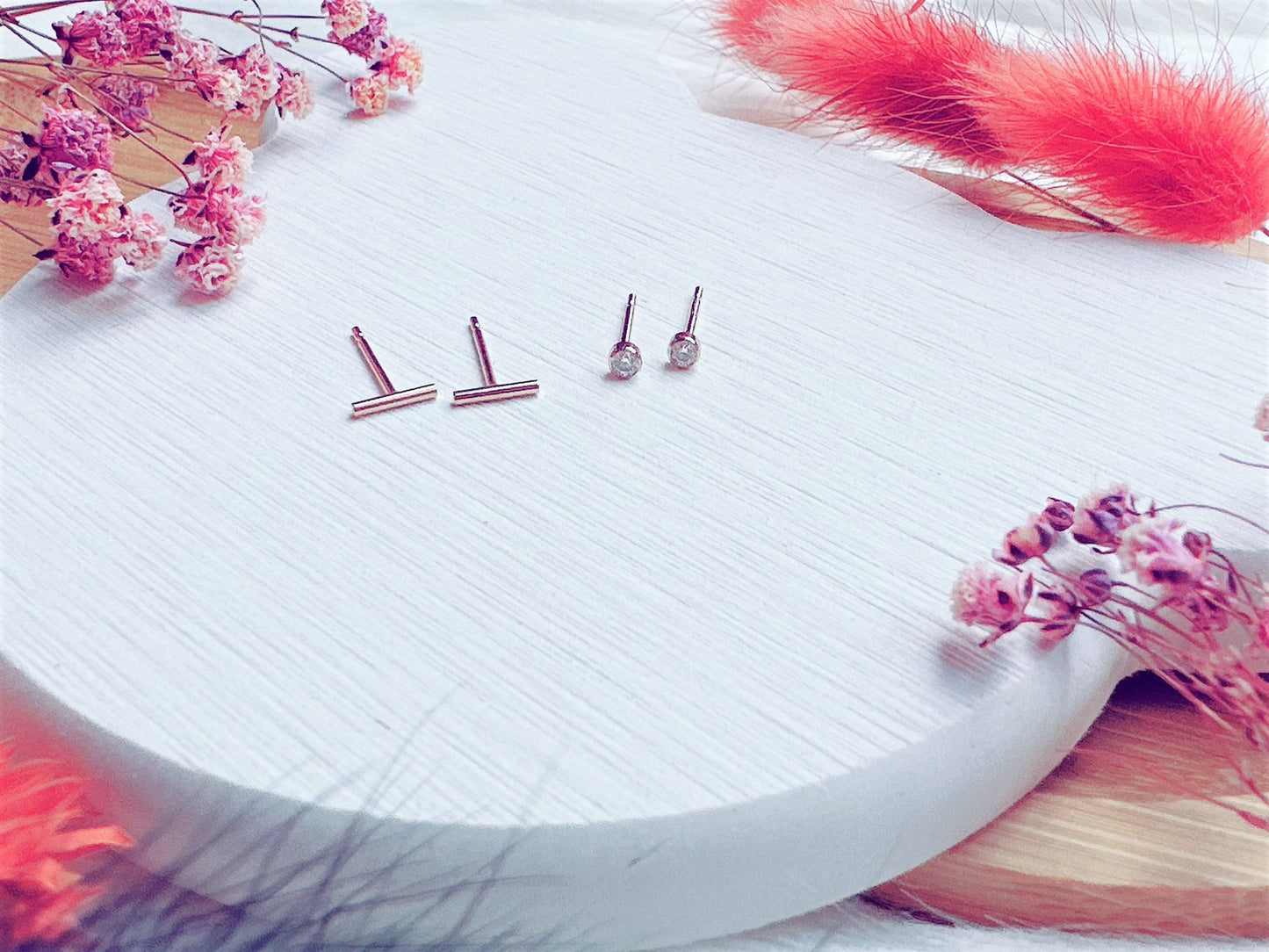 Tiny Stud Earrings Set: Cubic Zirconia & Bar