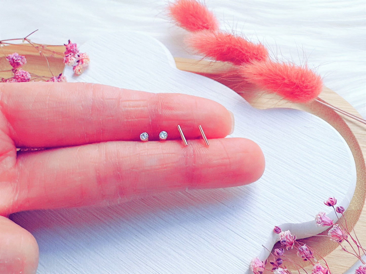 Tiny Stud Earrings Set: Cubic Zirconia & Bar