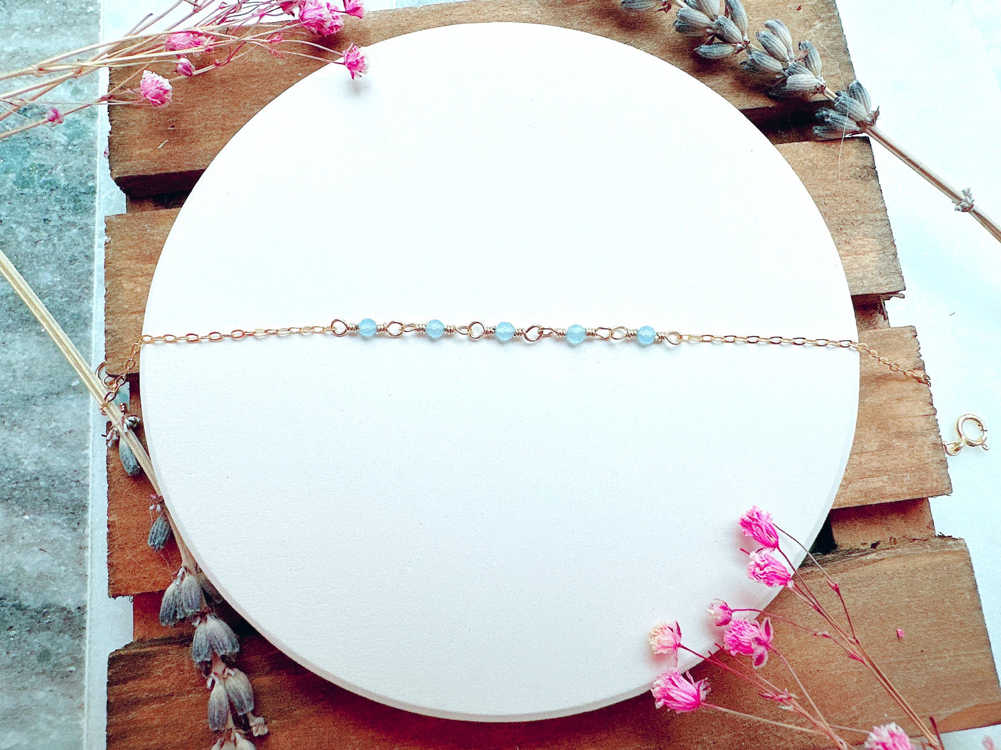 Tiny Sky Blue Chalcedony Gold Chain Bracelet