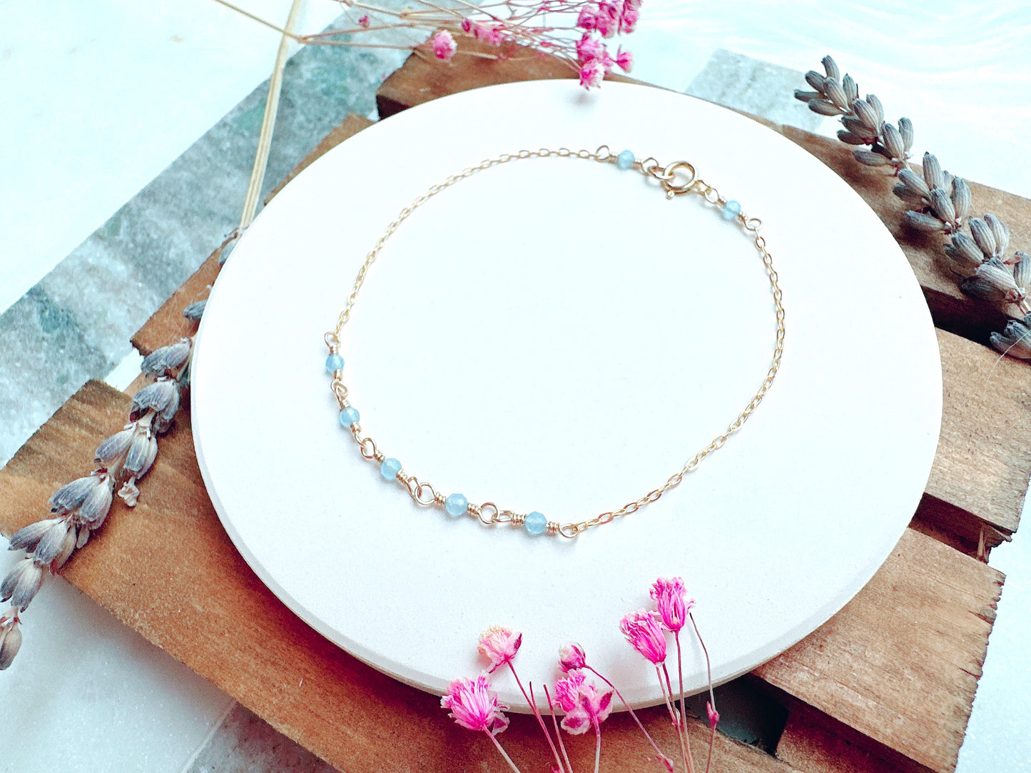 Tiny Sky Blue Chalcedony Gold Chain Bracelet