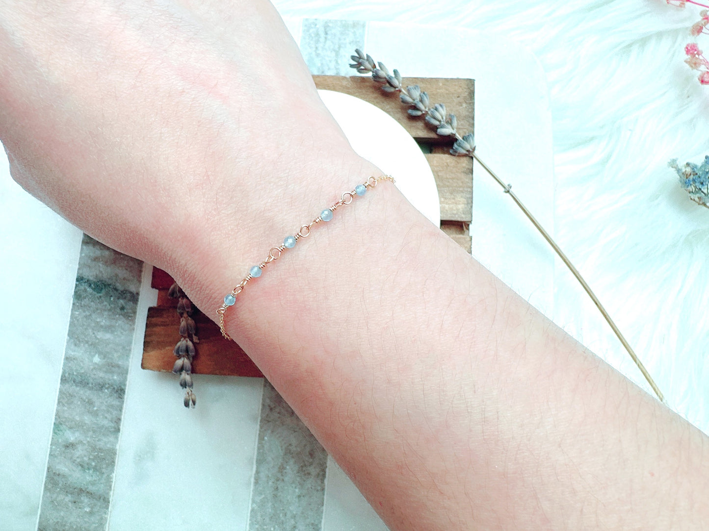 Tiny Sky Blue Chalcedony Gold Chain Bracelet