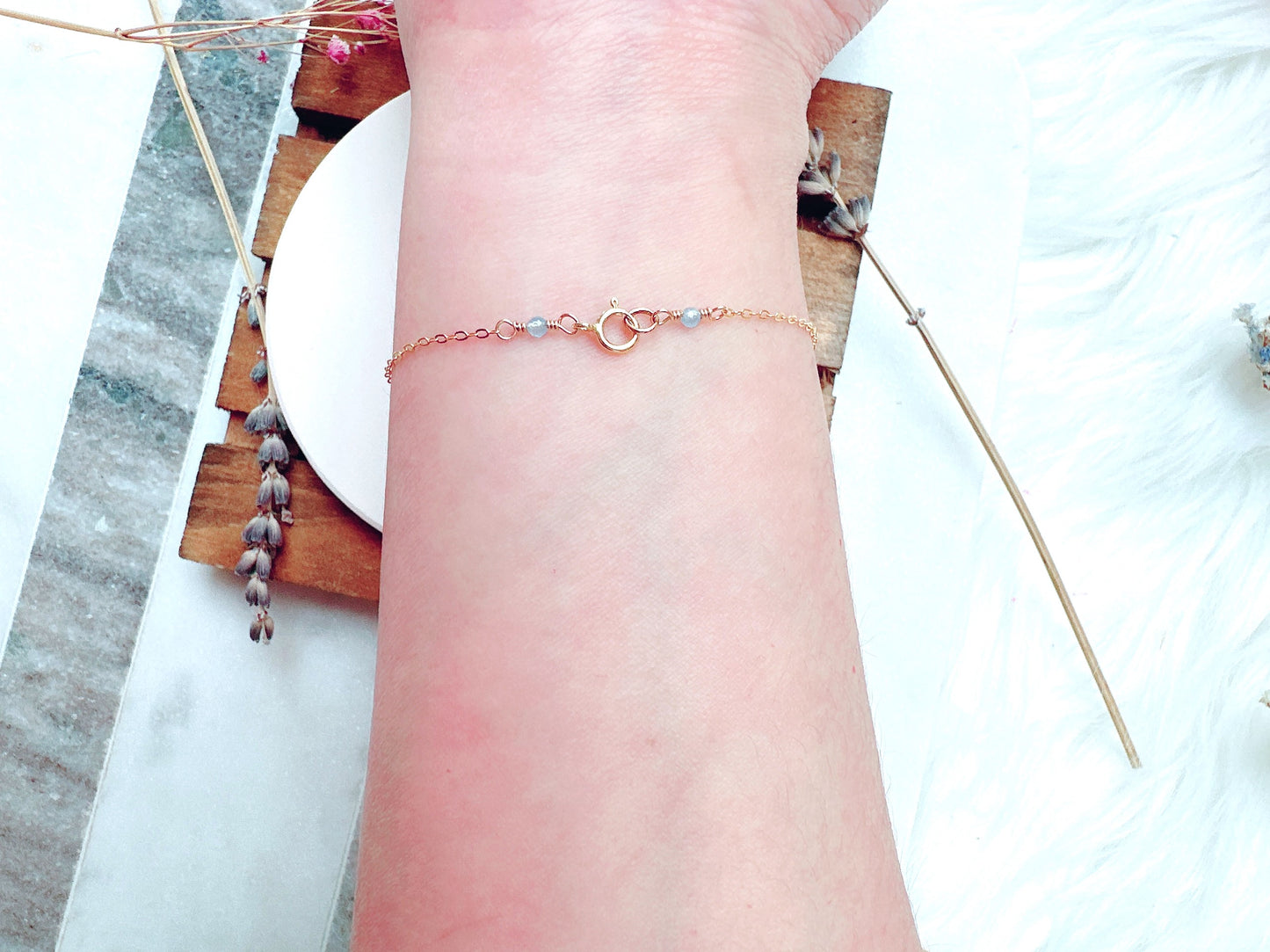 Tiny Sky Blue Chalcedony Gold Chain Bracelet