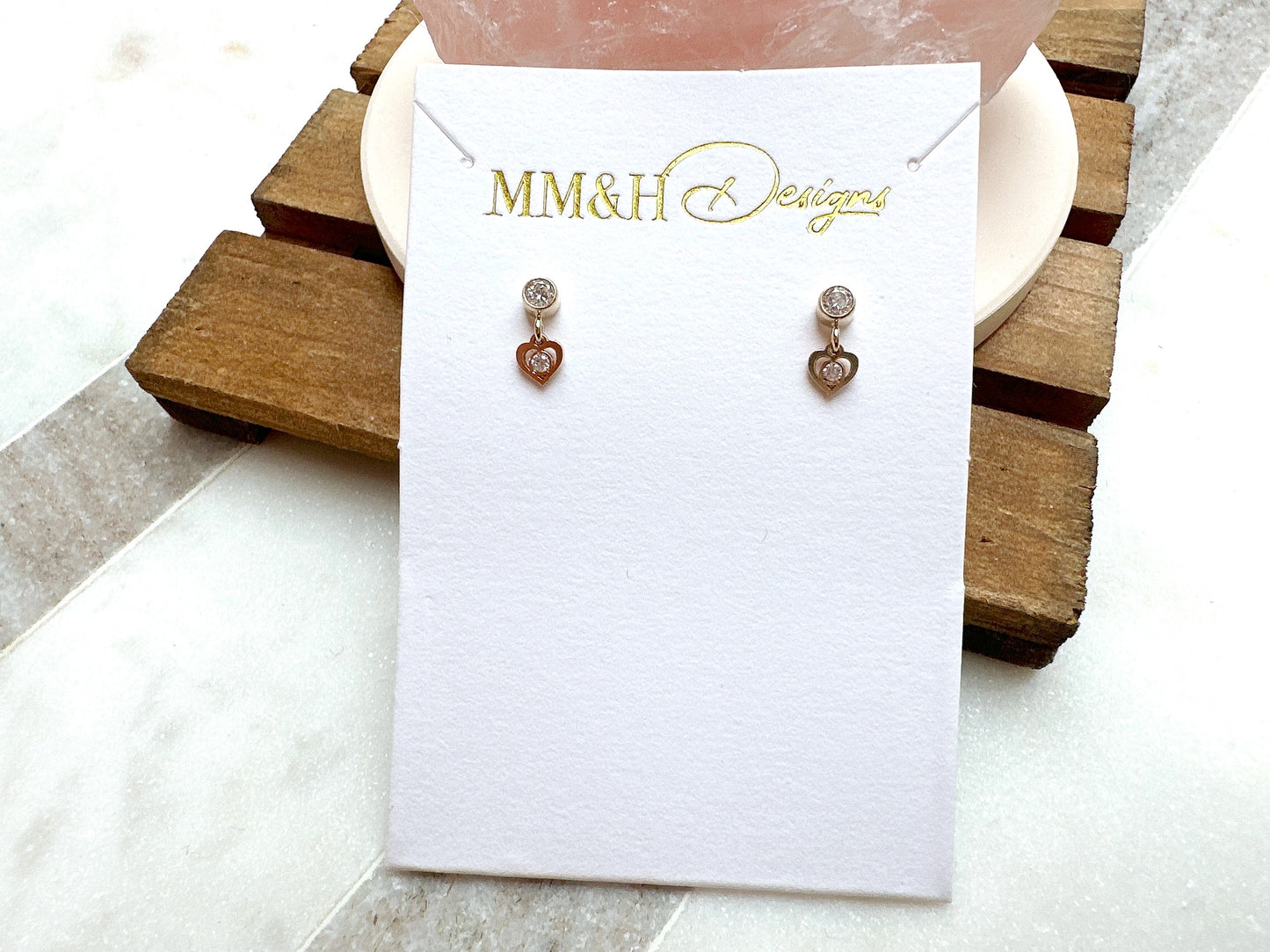 Gold Cubic Zirconia Stud Earrings with Mini Heart Charm