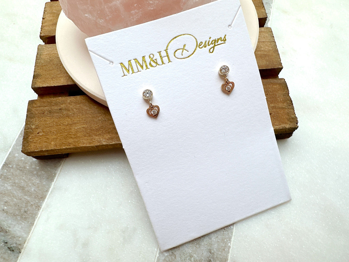 Gold Cubic Zirconia Stud Earrings with Mini Heart Charm