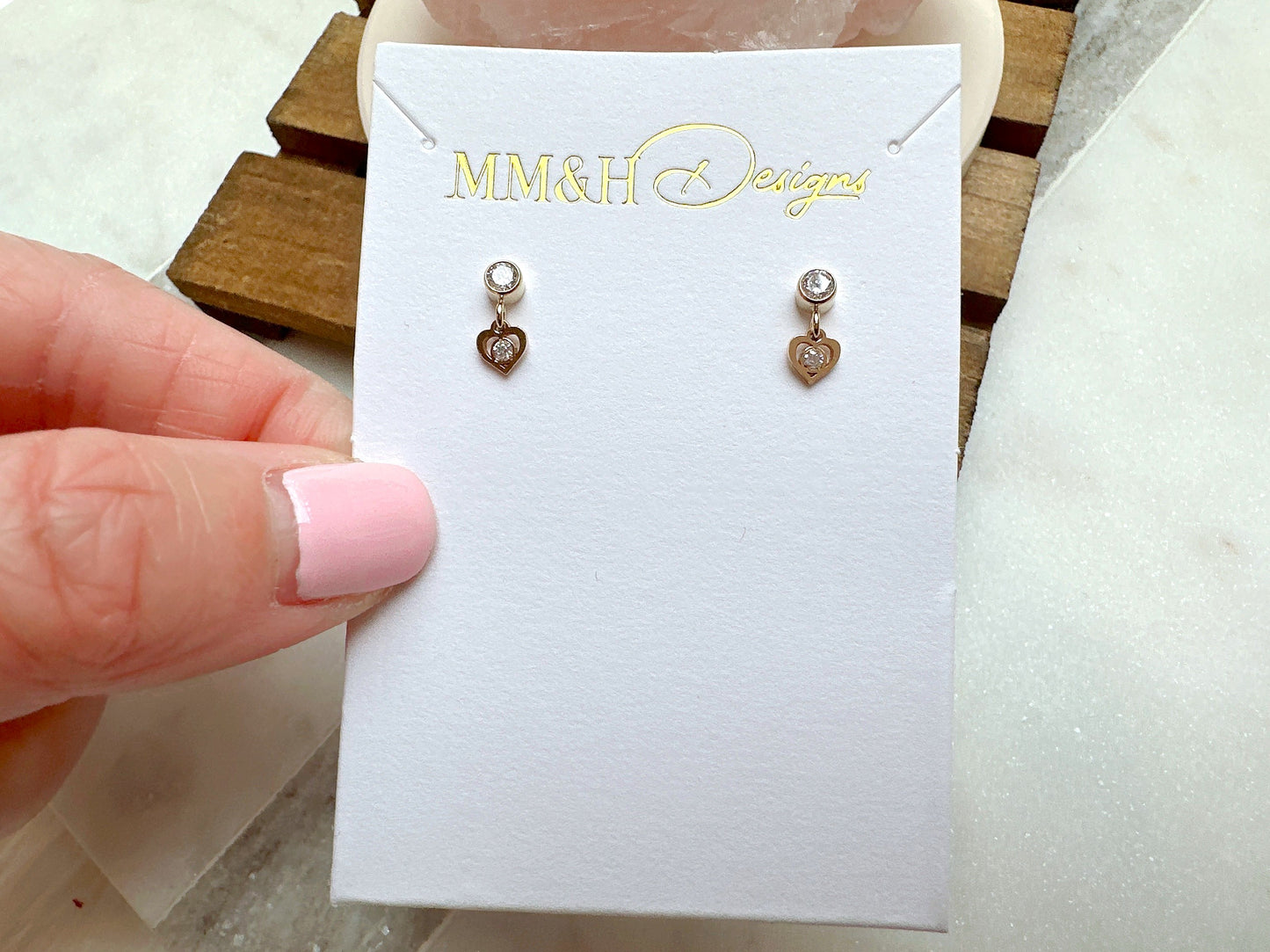 Gold Cubic Zirconia Stud Earrings with Mini Heart Charm