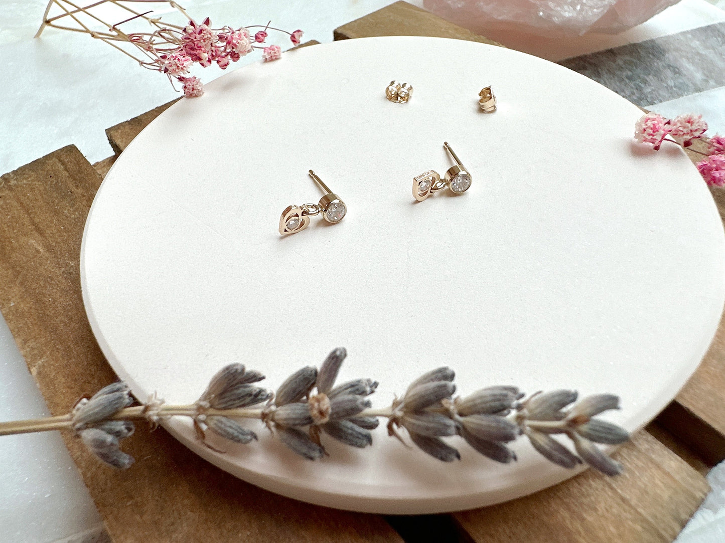 Gold Cubic Zirconia Stud Earrings with Mini Heart Charm