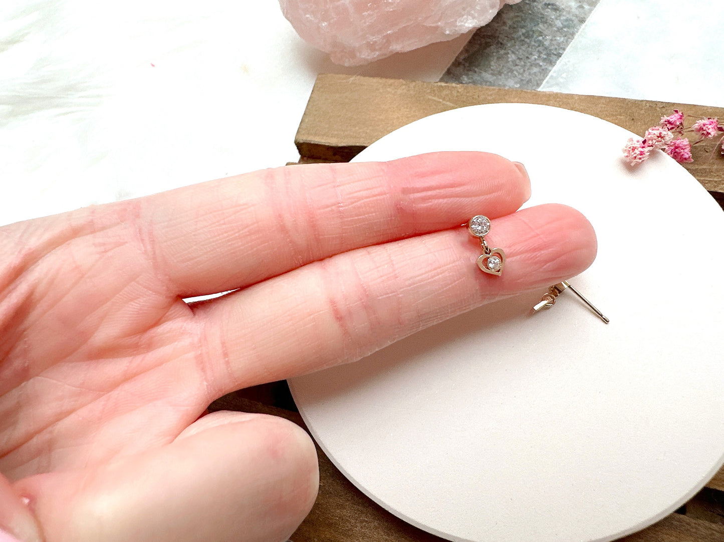 Gold Cubic Zirconia Stud Earrings with Mini Heart Charm