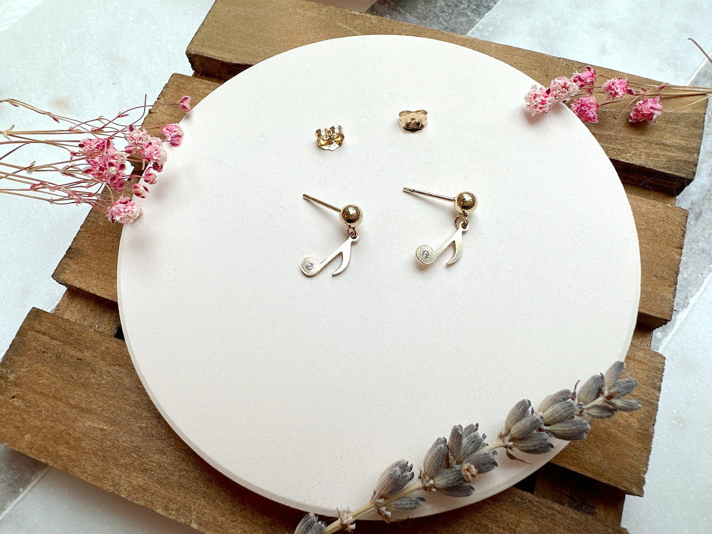 Gold Stud Earrings with Musical Note Charm