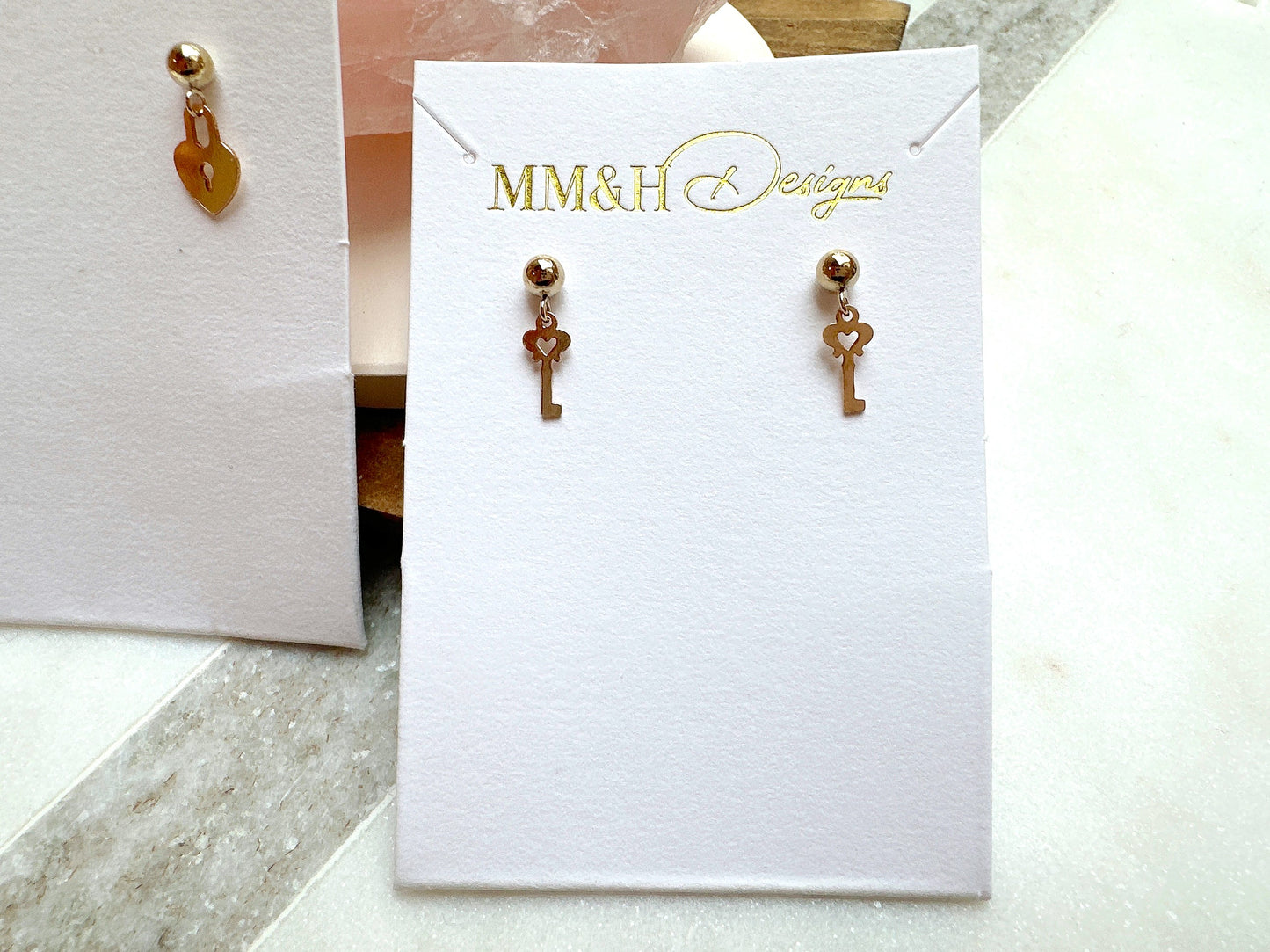 Dainty Gold Stud Earrings with Key or Lock Charms