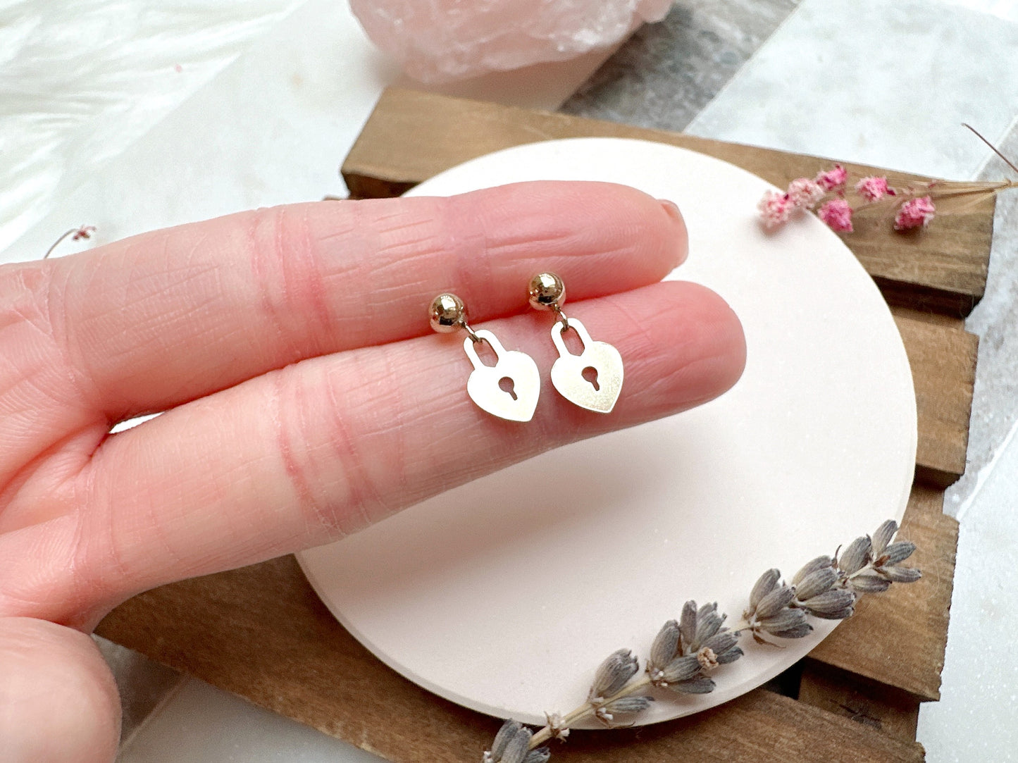 Dainty Gold Stud Earrings with Key or Lock Charms