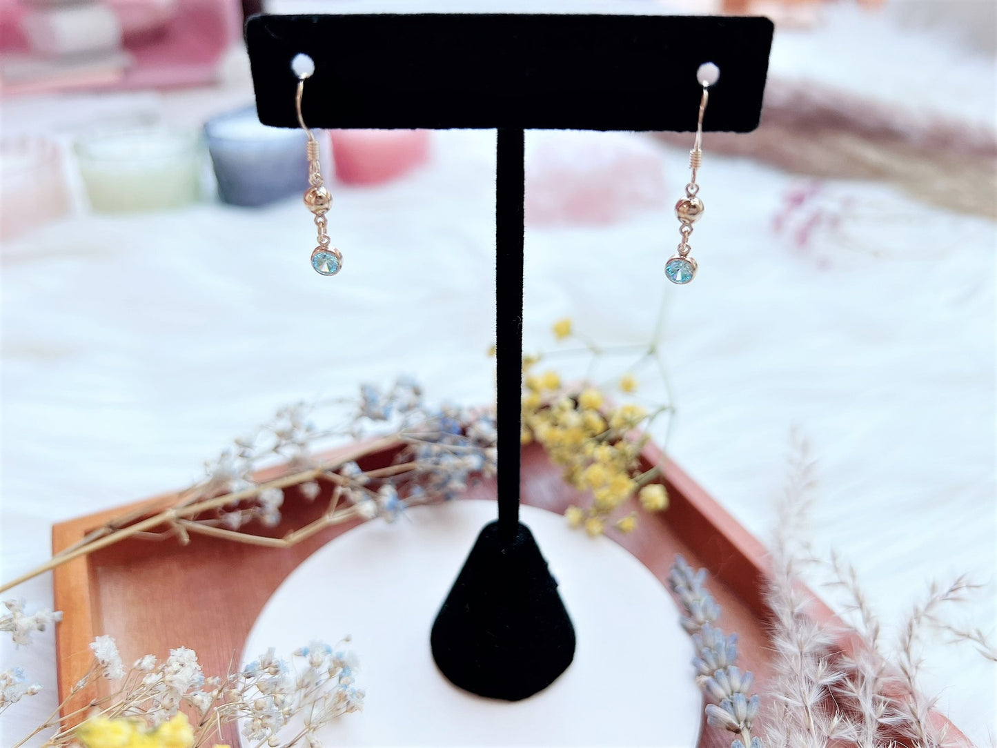 Gold Bead and Aquamarine Blue Cubic Zirconia Charm Earrings