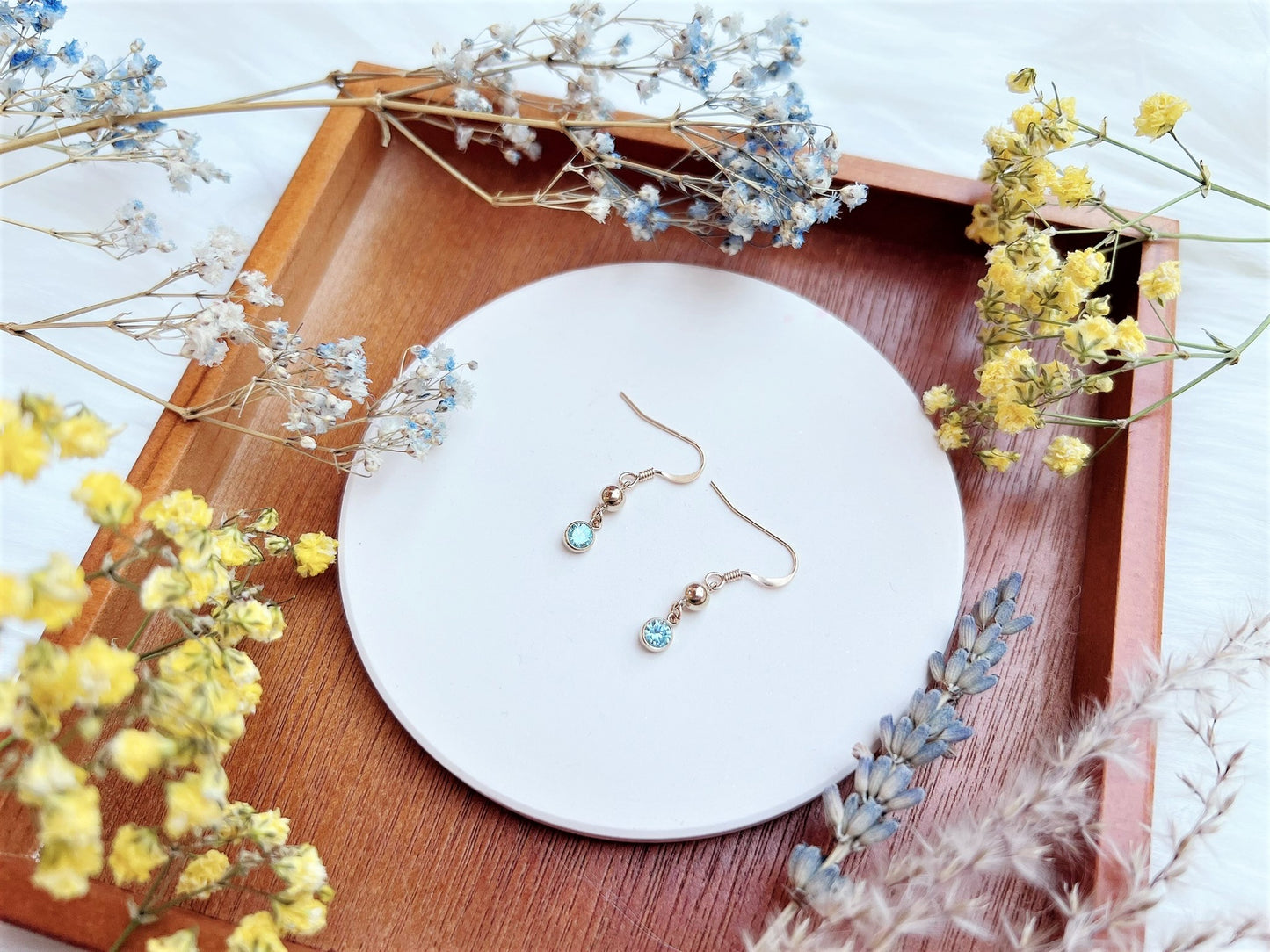 Gold Bead and Aquamarine Blue Cubic Zirconia Charm Earrings
