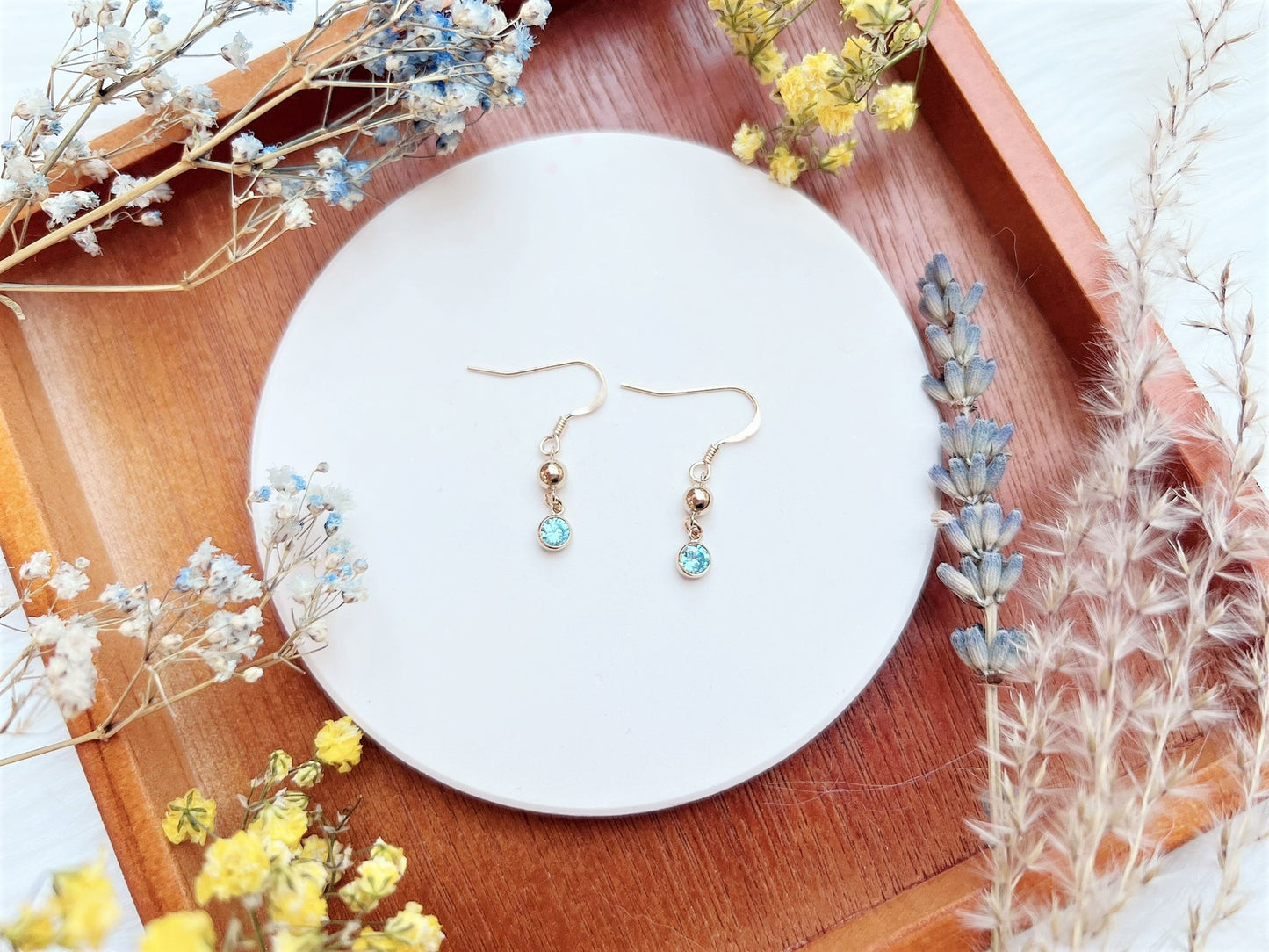 Gold Bead and Aquamarine Blue Cubic Zirconia Charm Earrings