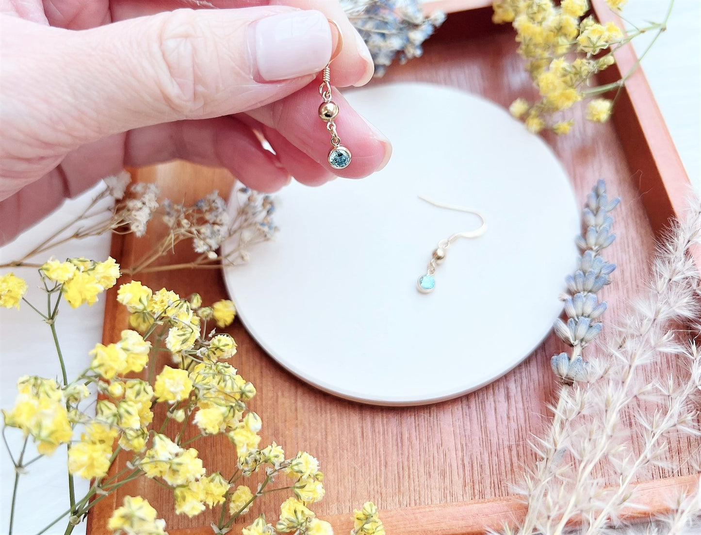 Gold Bead and Aquamarine Blue Cubic Zirconia Charm Earrings