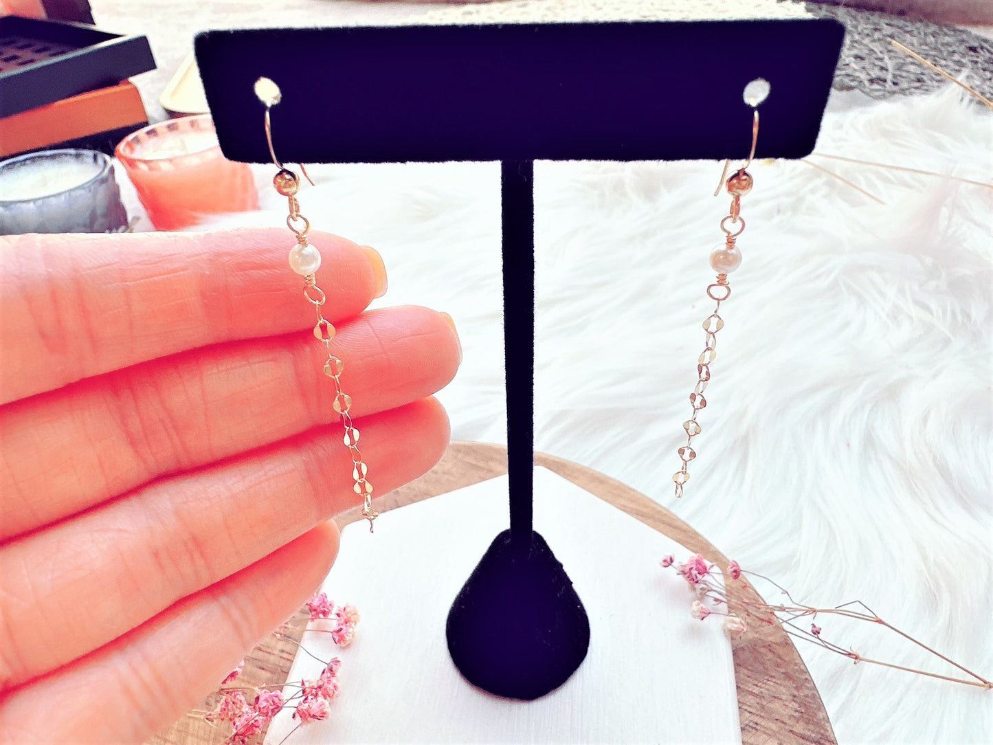 Mini Freshwater Pearl and Chain Earrings