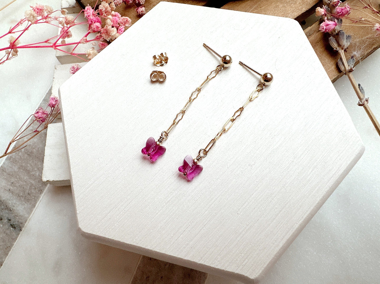 Stud Earrings with Crystal Butterfly on Chain