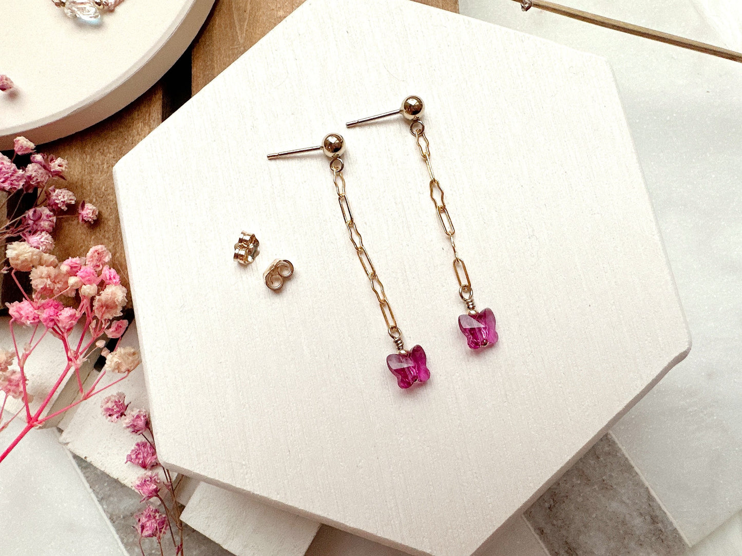 Stud Earrings with Crystal Butterfly on Chain