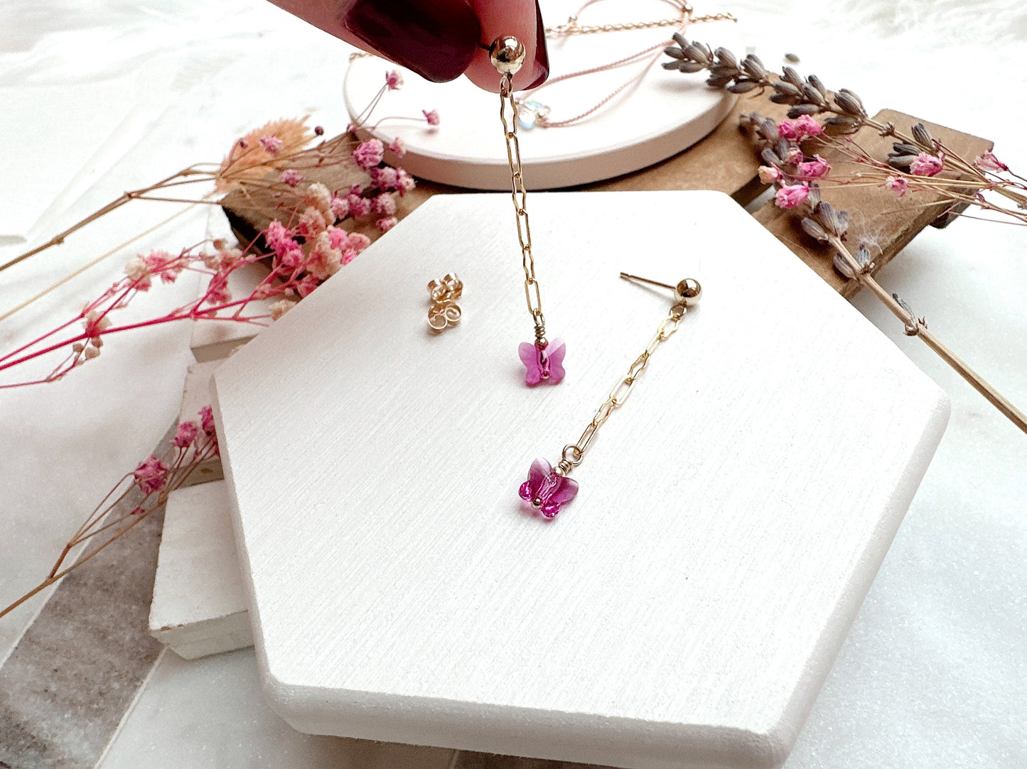 Stud Earrings with Crystal Butterfly on Chain
