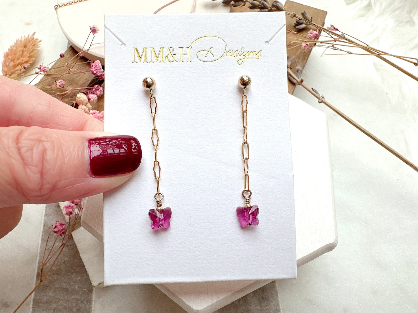 Stud Earrings with Crystal Butterfly on Chain