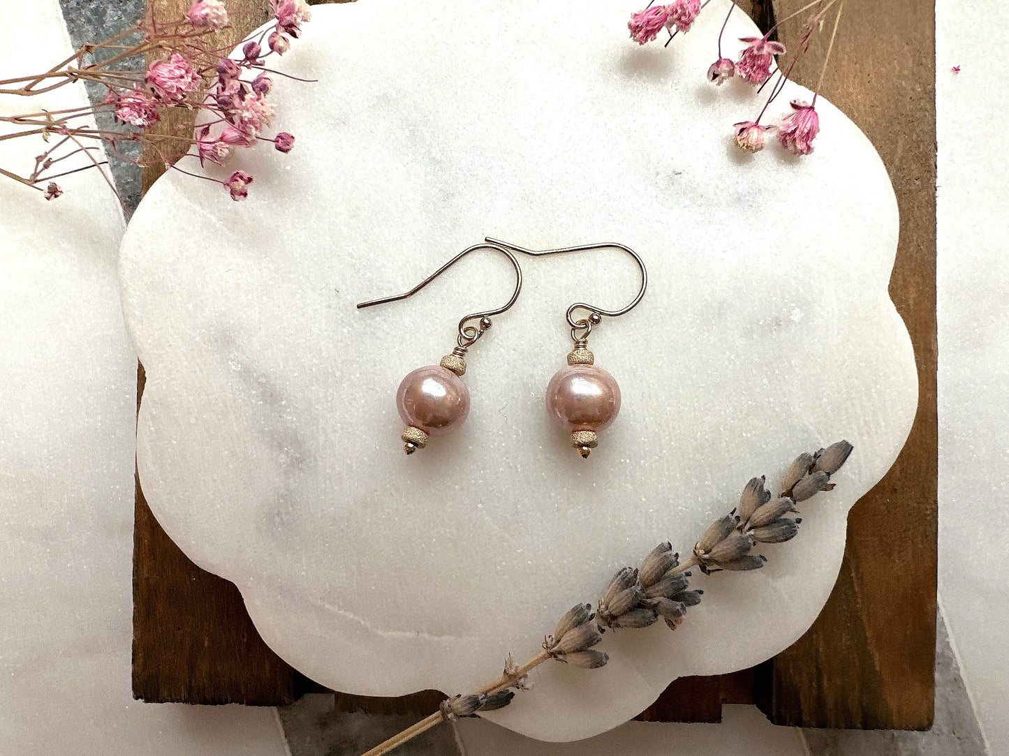 Elegant Natural Pink Round Freshwater Pearl Earrings