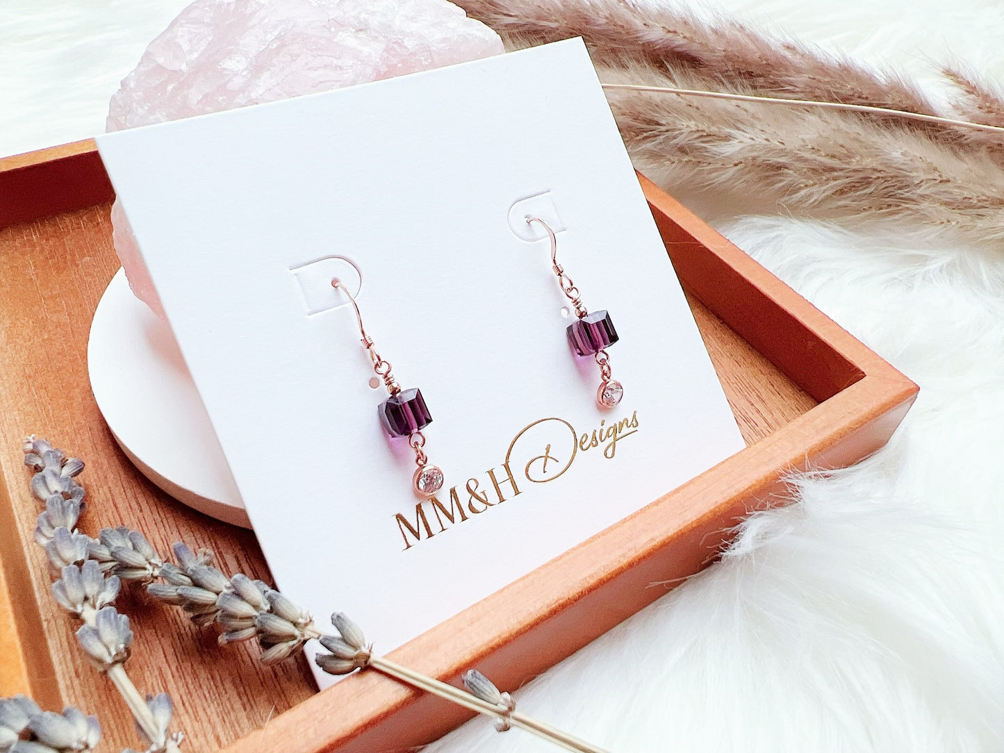 Crystal Cube with Cubic Zirconia Earrings (Rose Gold)
