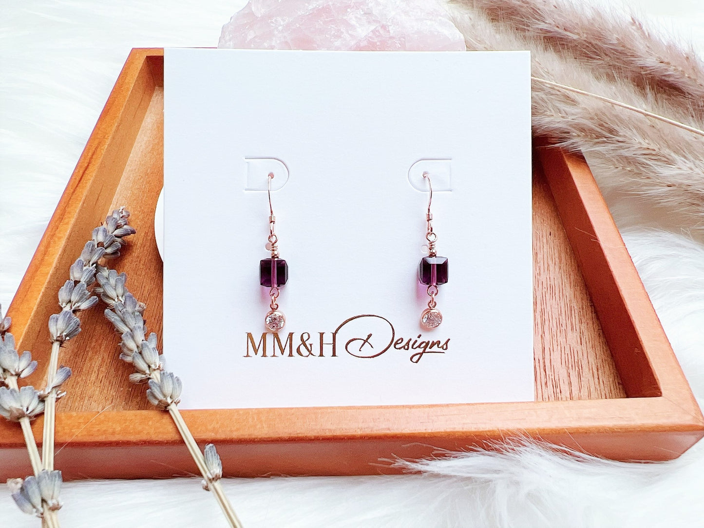 Crystal Cube with Cubic Zirconia Earrings (Rose Gold)
