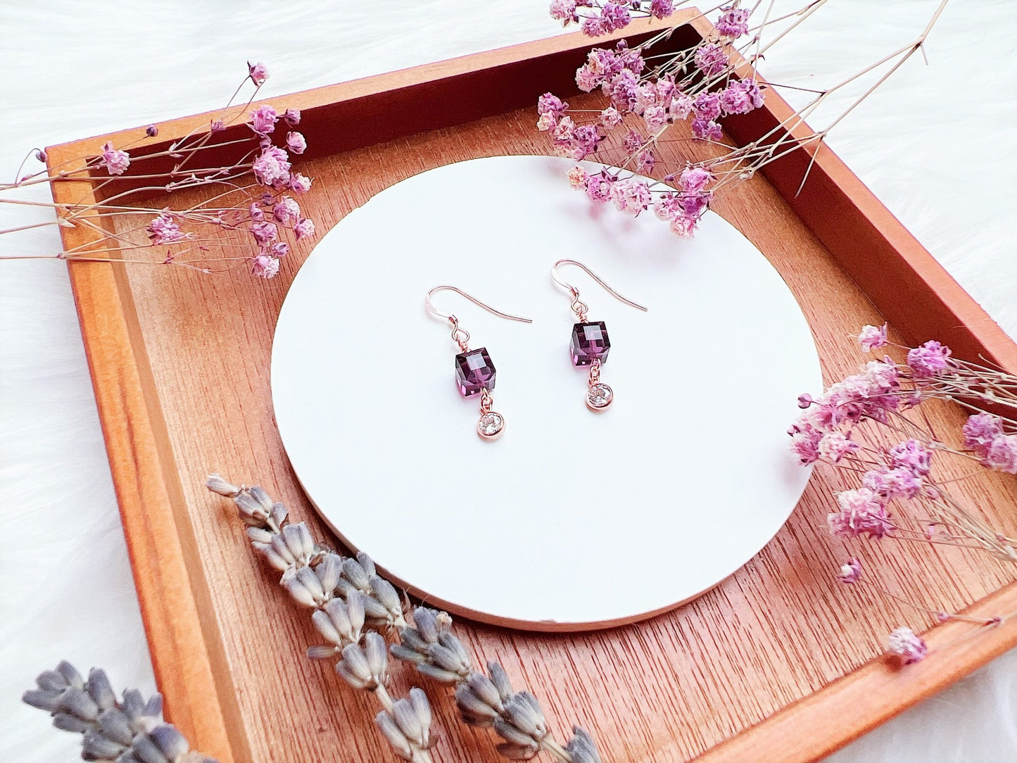 Crystal Cube with Cubic Zirconia Earrings (Rose Gold)