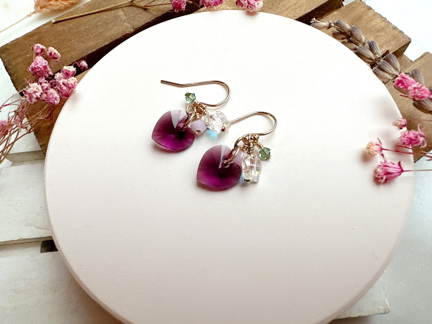 Amethyst Heart Crystal Cluster Earrings
