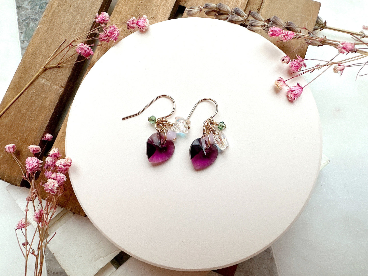 Amethyst Heart Crystal Cluster Earrings