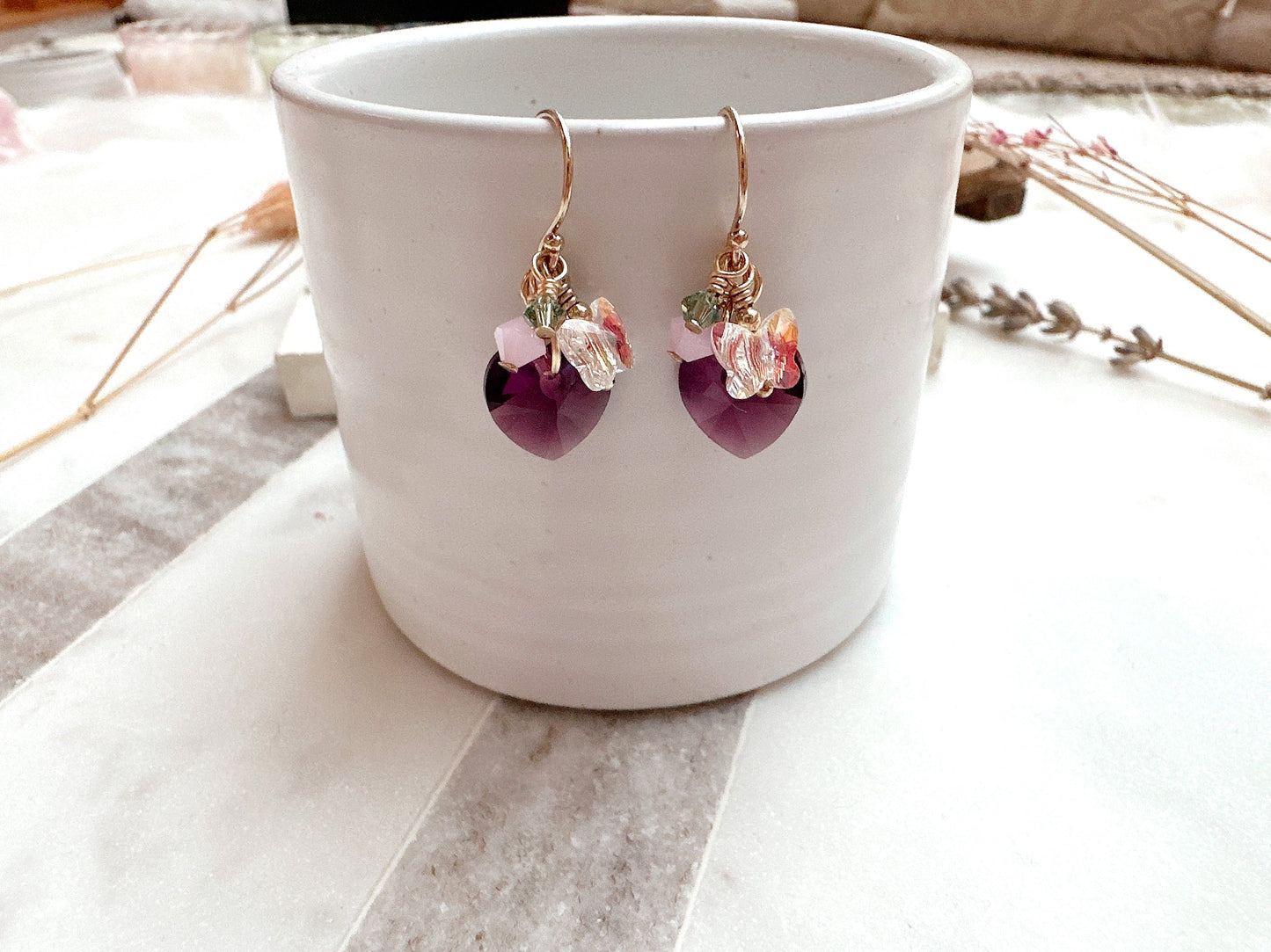 Amethyst Heart Crystal Cluster Earrings
