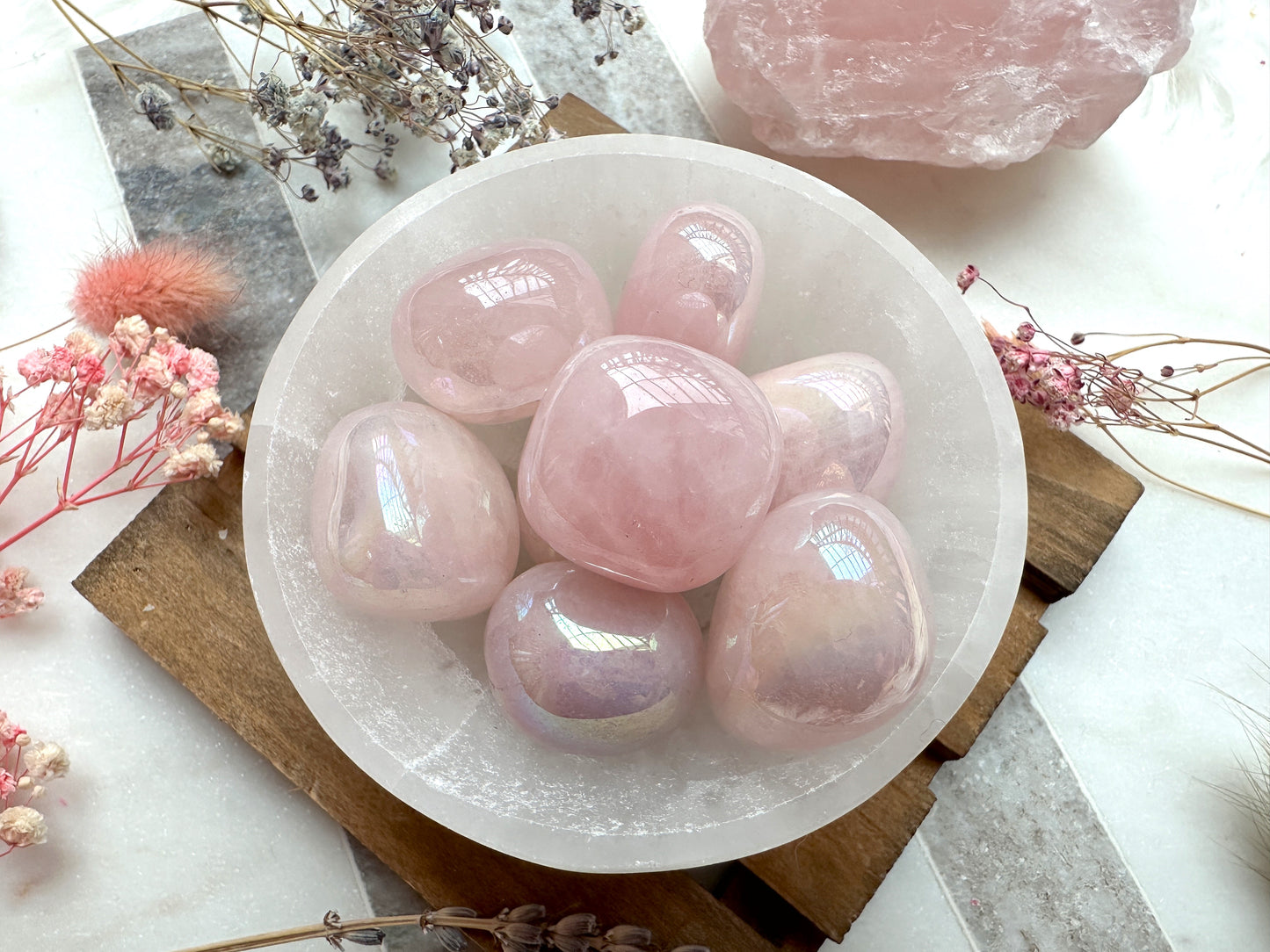 One Rainbow Aura Rose Quartz Tumble