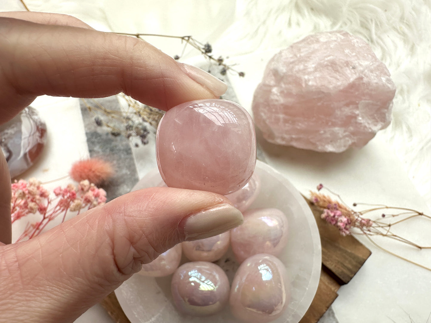 One Rainbow Aura Rose Quartz Tumble
