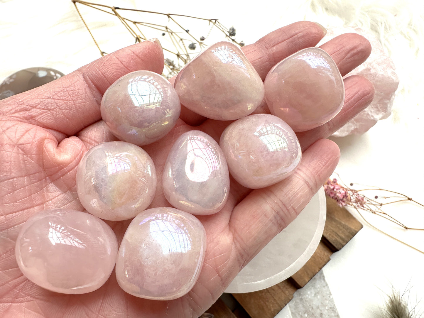 One Rainbow Aura Rose Quartz Tumble