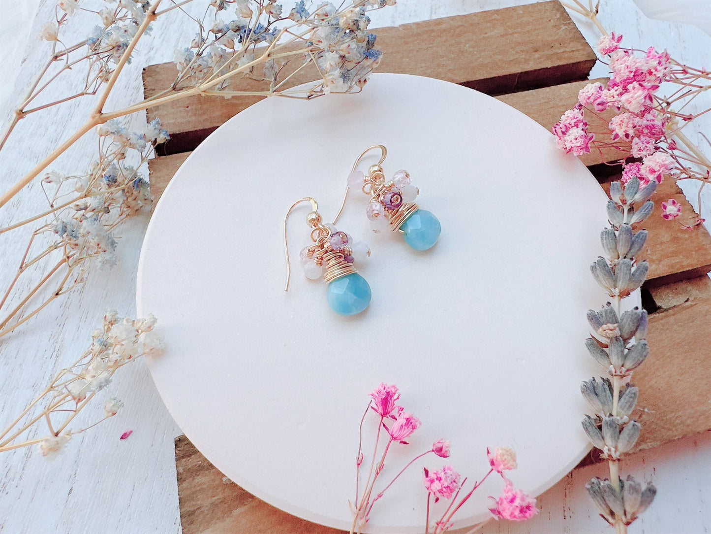Blue Quartz and Gemstone Cluster Earrings