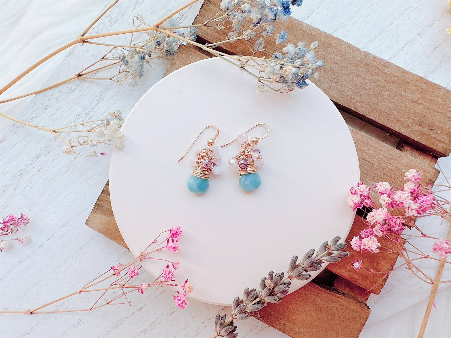 Blue Quartz and Gemstone Cluster Earrings