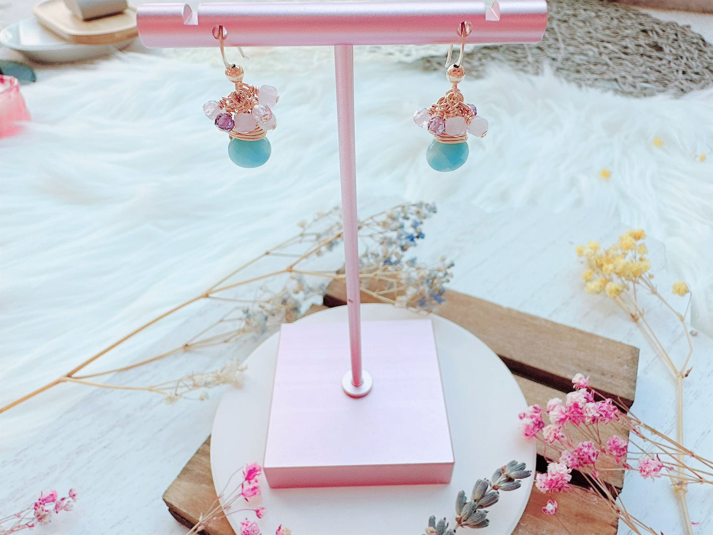 Blue Quartz and Gemstone Cluster Earrings
