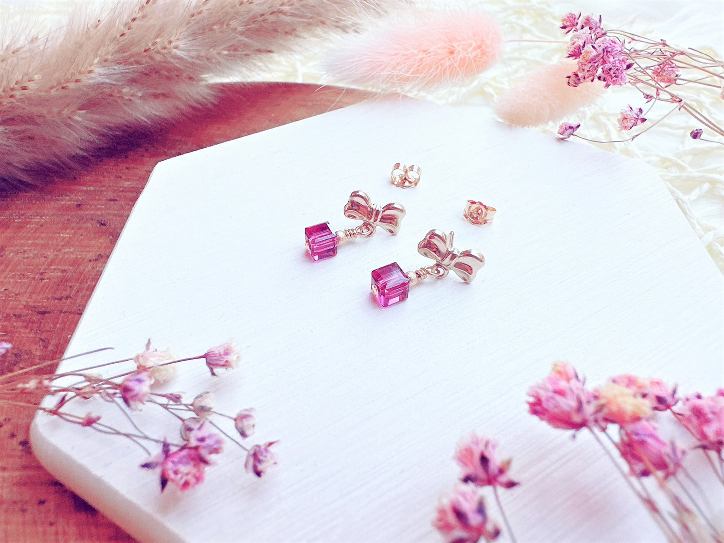 Bow Stud Earrings with Crystal Cube
