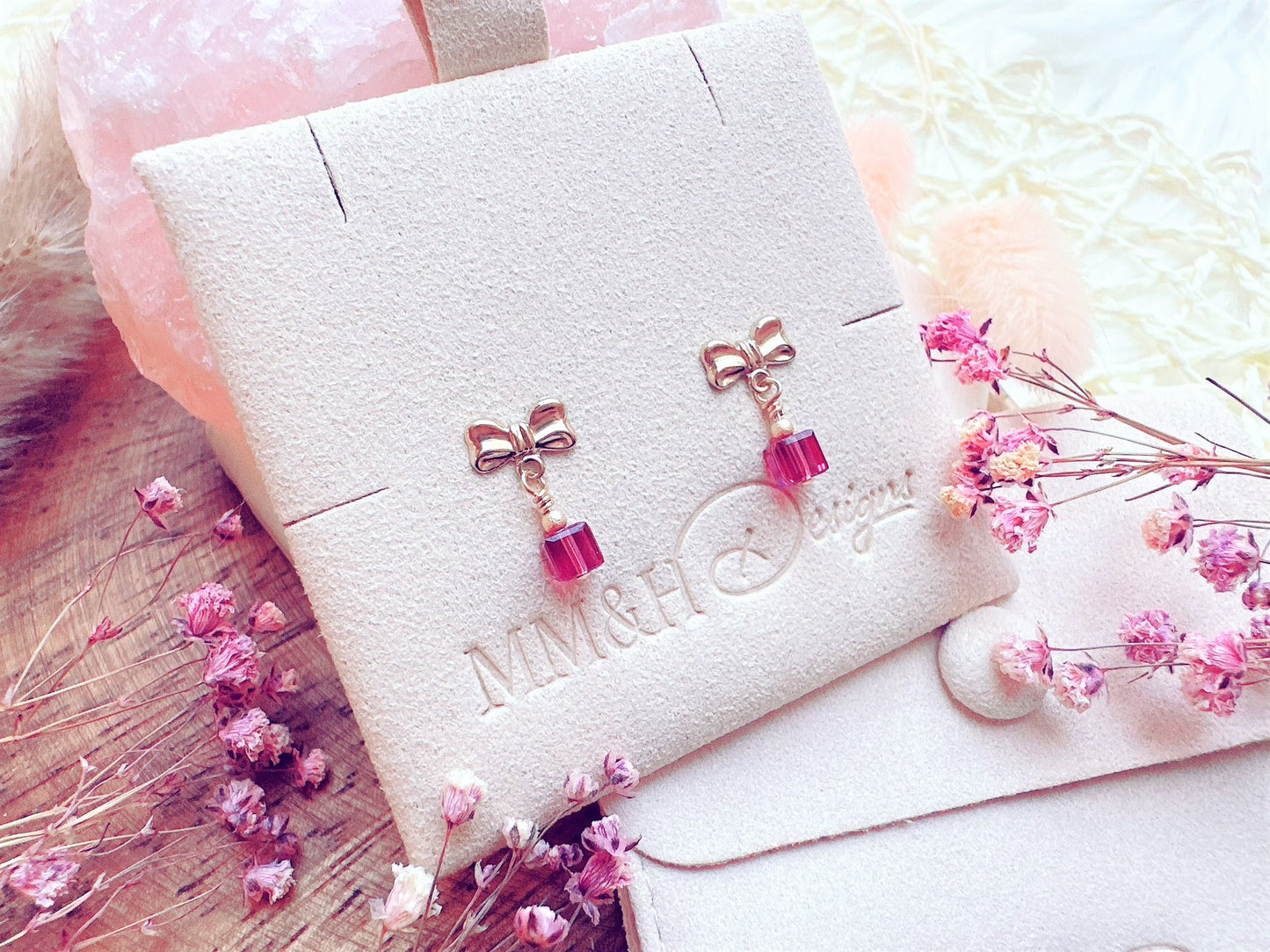 Bow Stud Earrings with Crystal Cube