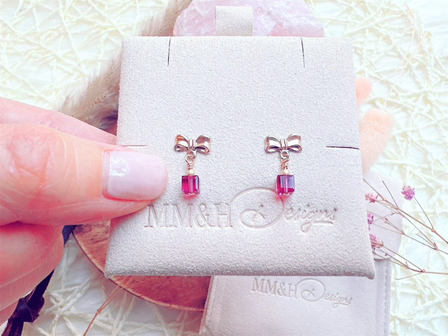 Bow Stud Earrings with Crystal Cube