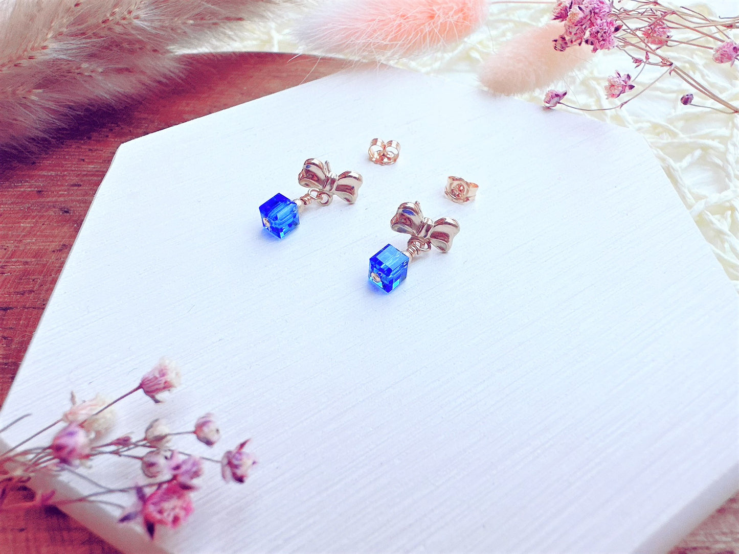 Bow Stud Earrings with Crystal Cube