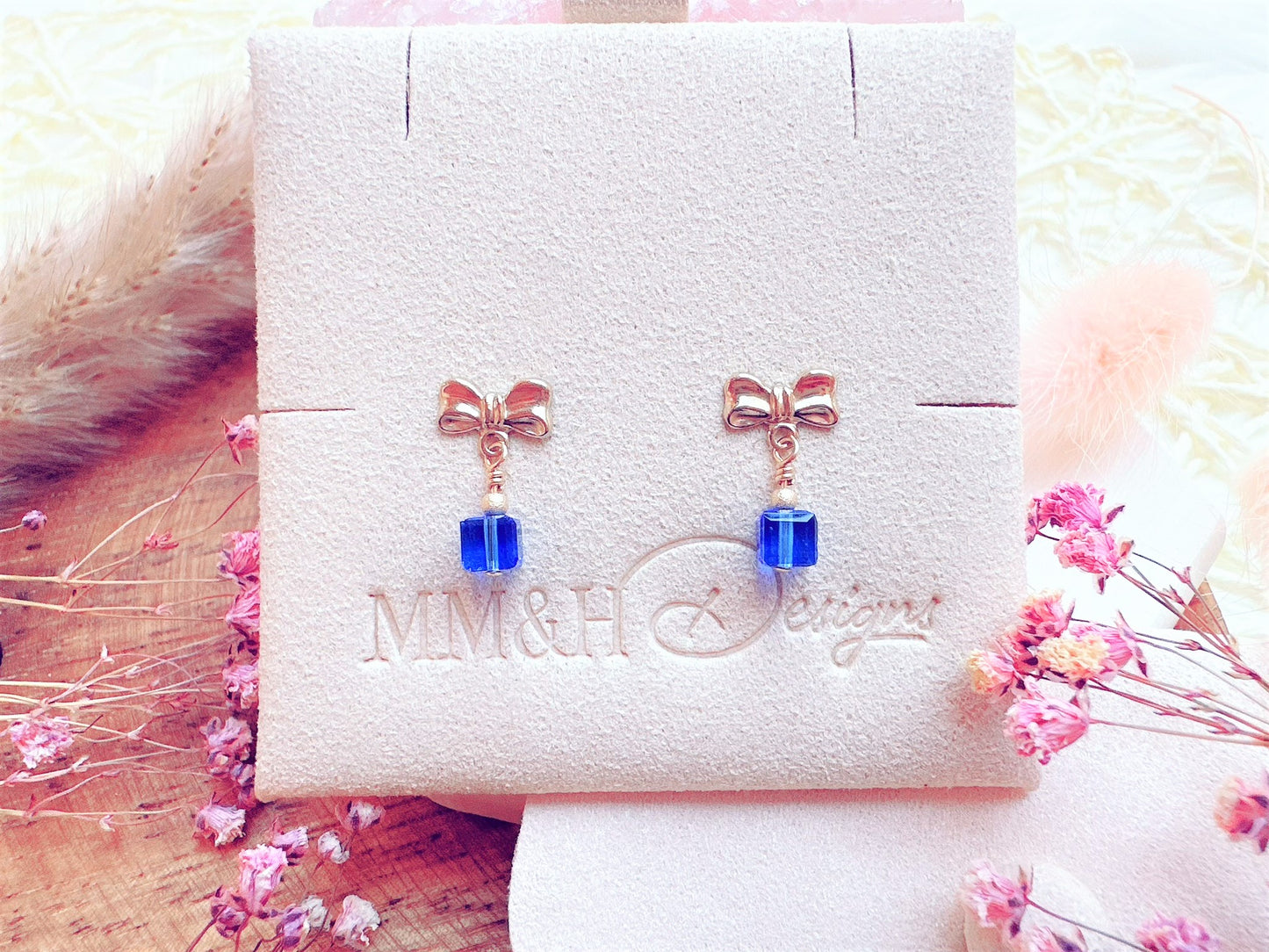 Bow Stud Earrings with Crystal Cube