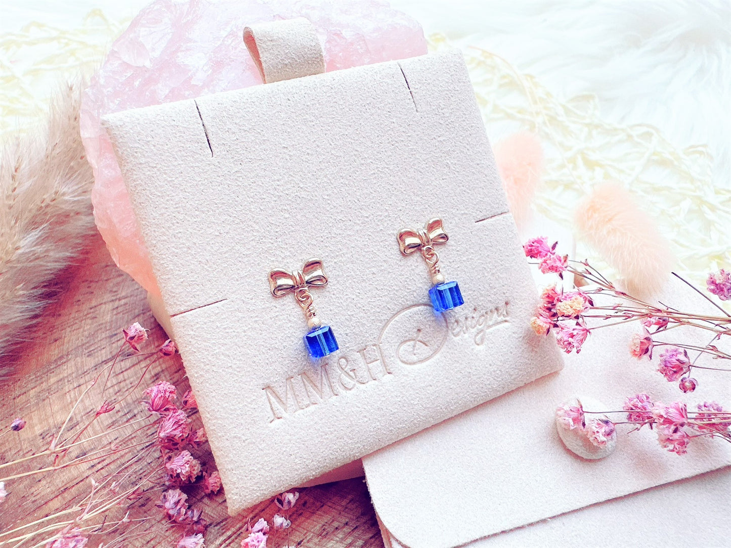 Bow Stud Earrings with Crystal Cube
