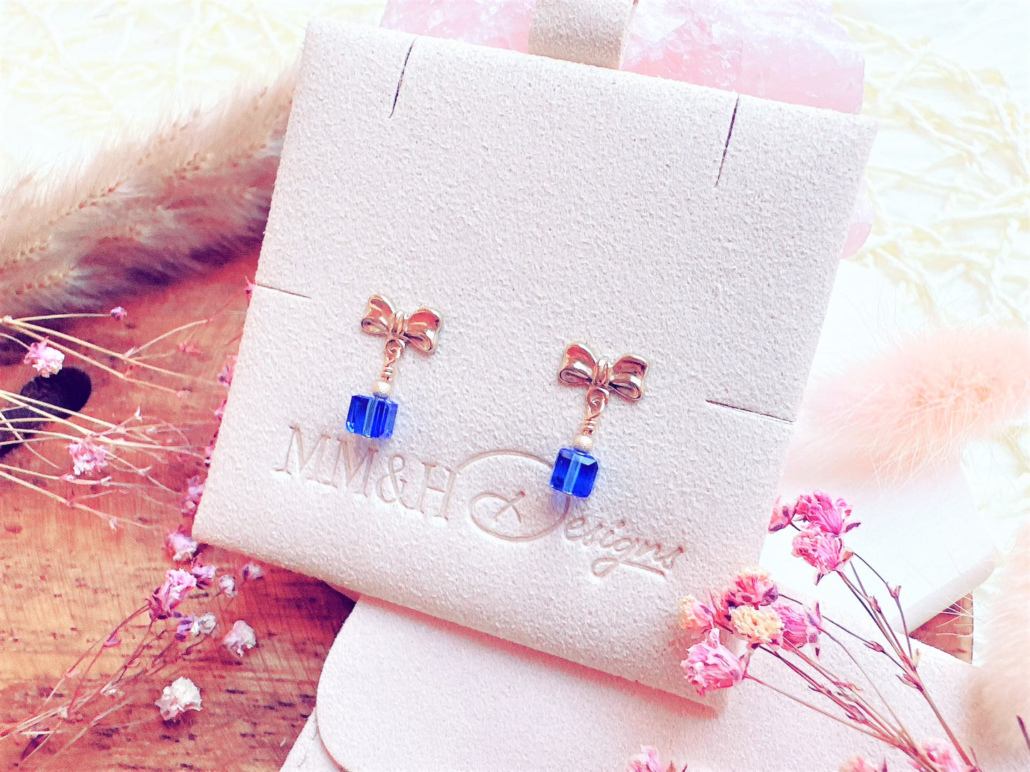Bow Stud Earrings with Crystal Cube