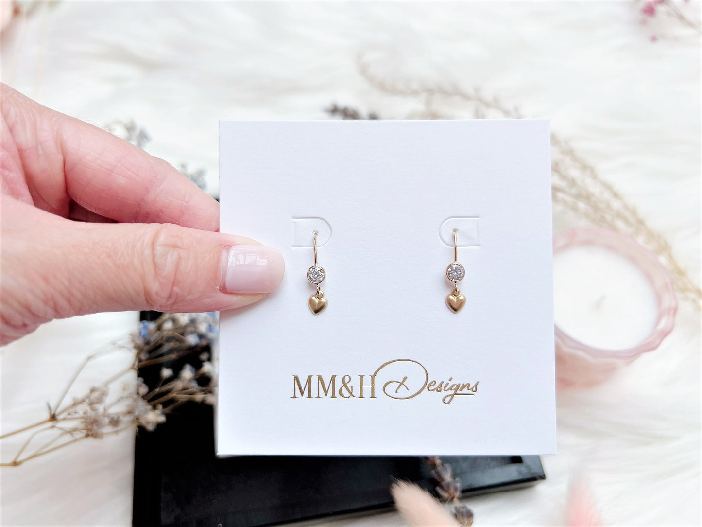 Cubic Zirconia and Heart Charm Earrings