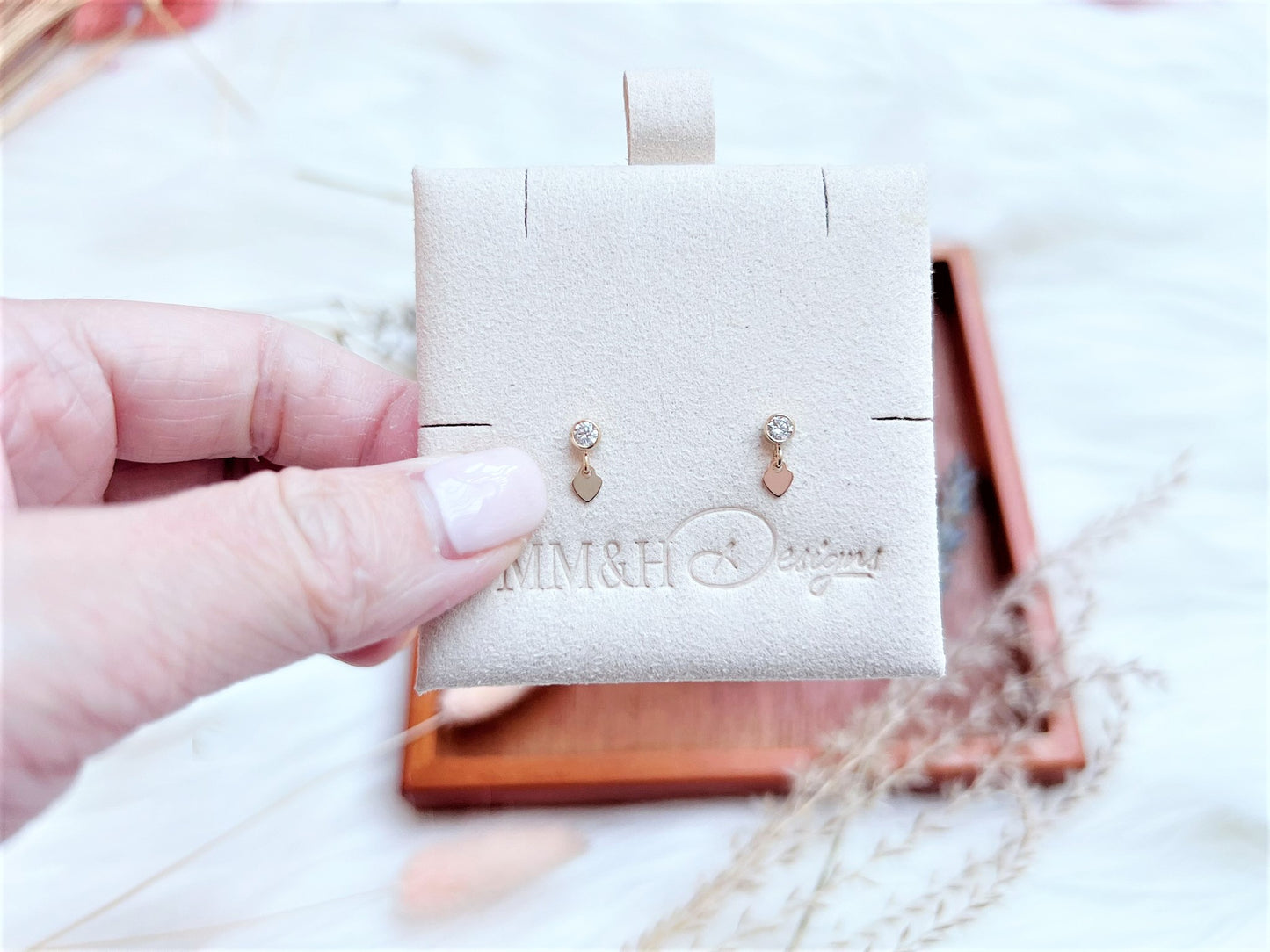 Cubic Zirconia Stud Earrings with Mini Heart Charm