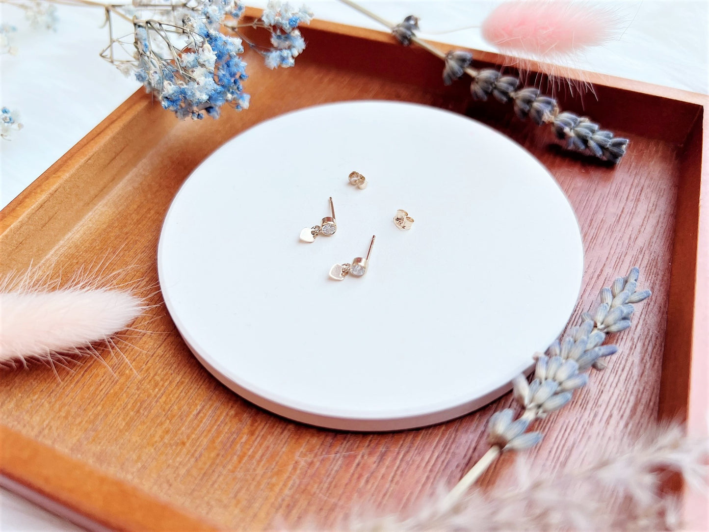 Cubic Zirconia Stud Earrings with Mini Heart Charm