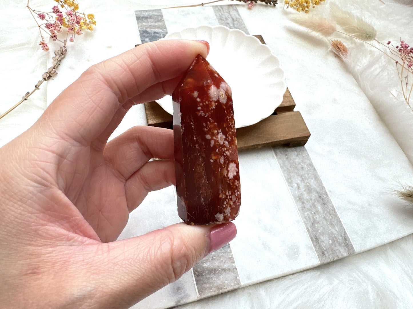Small Carnelian Flower Agate Tower Obelisk